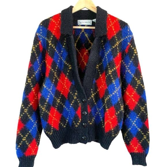 Vintage Evan Piccone Wool Argyle Cardigan Sweater - Picture 1 of 6